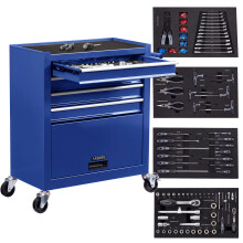 AREBOS workshop trolley | 4 drawers incl. 81pcs. tools + large compartment | incl. anti-slip mats | drawers with ball bearings | transport lock | blue