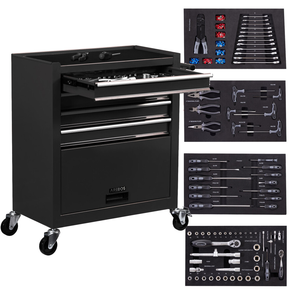 AREBOS workshop trolley | 4drawers incl. 81pcs. tools + large compartment | incl. anti-slip mats | drawers with ball bearings | transport lock | black
