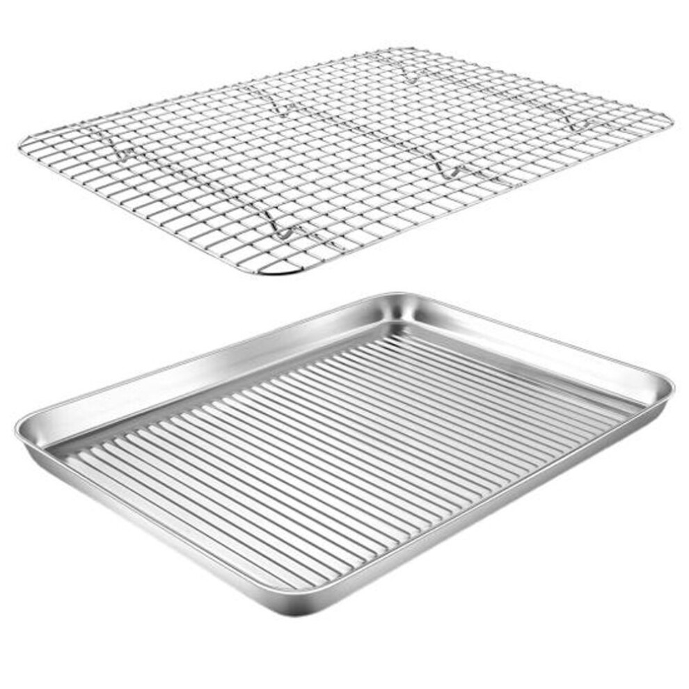 (L) Set Stainless Steel Baking Tray With Mesh Rack Heavy Duty Non-stick Heat Resistant Food