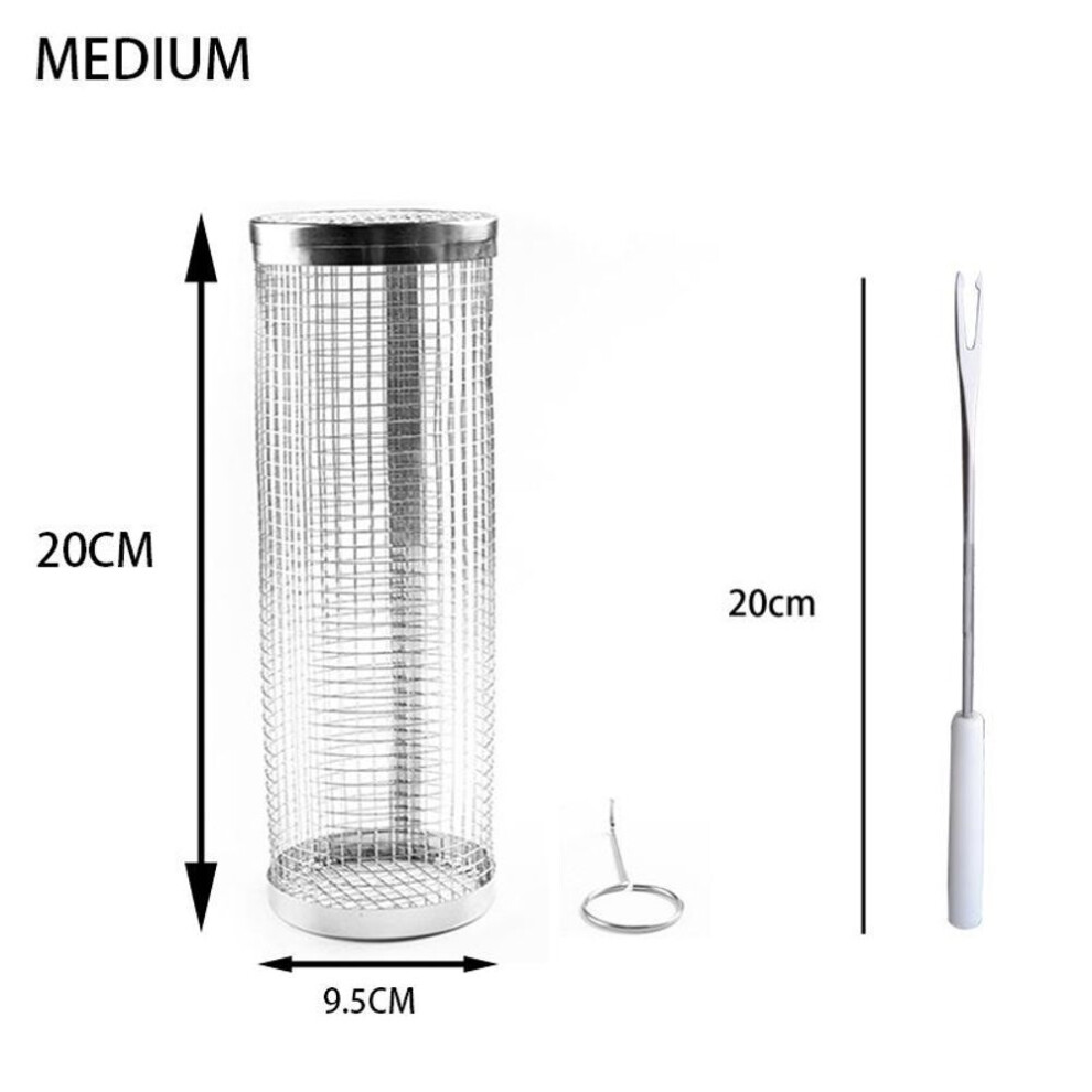 (3) Stainless Steel Grill Multiuse Roaster Rolling Cylinder Basket Portable Mesh Rotating Bbq Cage Oven Home Barbecue Accessories