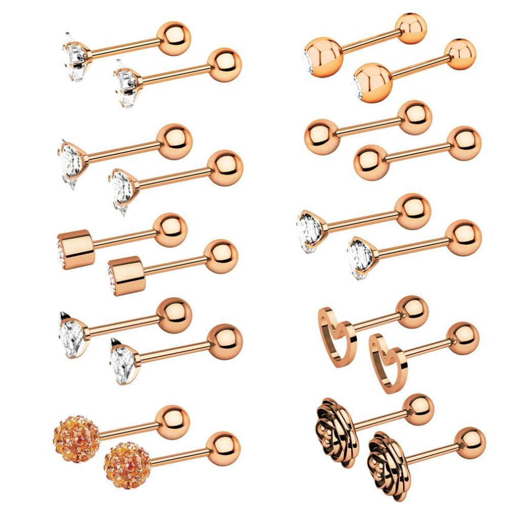 (rose gold) 10 Pairs Crystal Labret Piercing Lot Flower Heart Mini Ear Studs Earring Tragus Piercing Set Conch Bulk Helix Ear Nose Rings