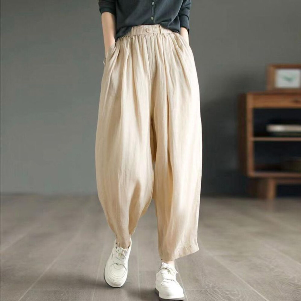 (beige, S) Zanzea Women&apos;s Solid Color Loose Pocket Pleated Pants