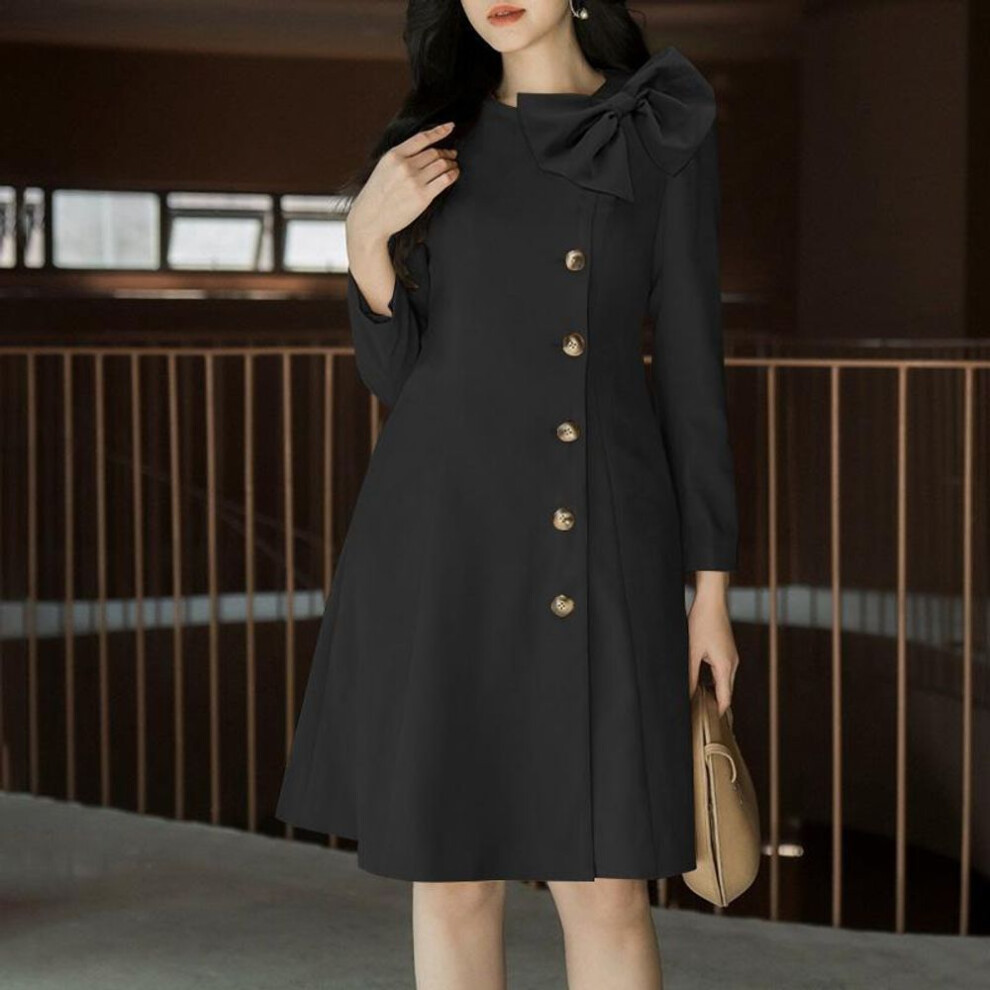 (black, 5XL) ZANZEA Women&apos;s Round Neck Long Sleeve Bow Open Placket Button Solid Colour Collect Waist A Swing Dress