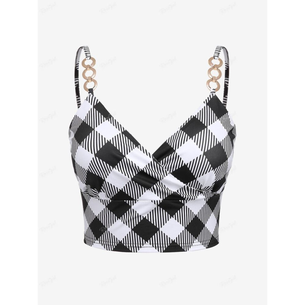 (black, 4XL) Rosegal Plus Size Plaid Backless Chains Surplice Crop Top (Adjustable Strap)