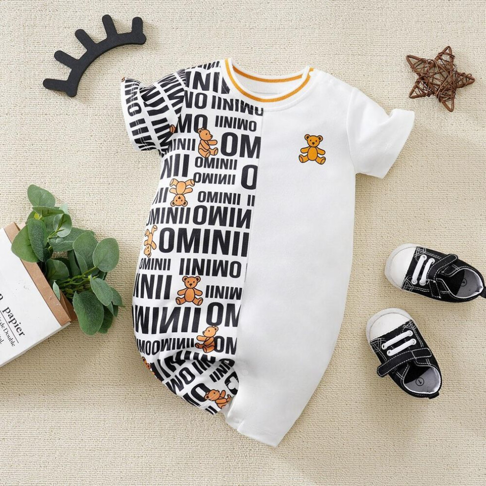 (white, 9-12 M) Hibobi Baby Boy&apos;s Bear Print Short Sleeve Romper Stylish Casual Round Neck Baby Jumpsuit For 0-18 Months