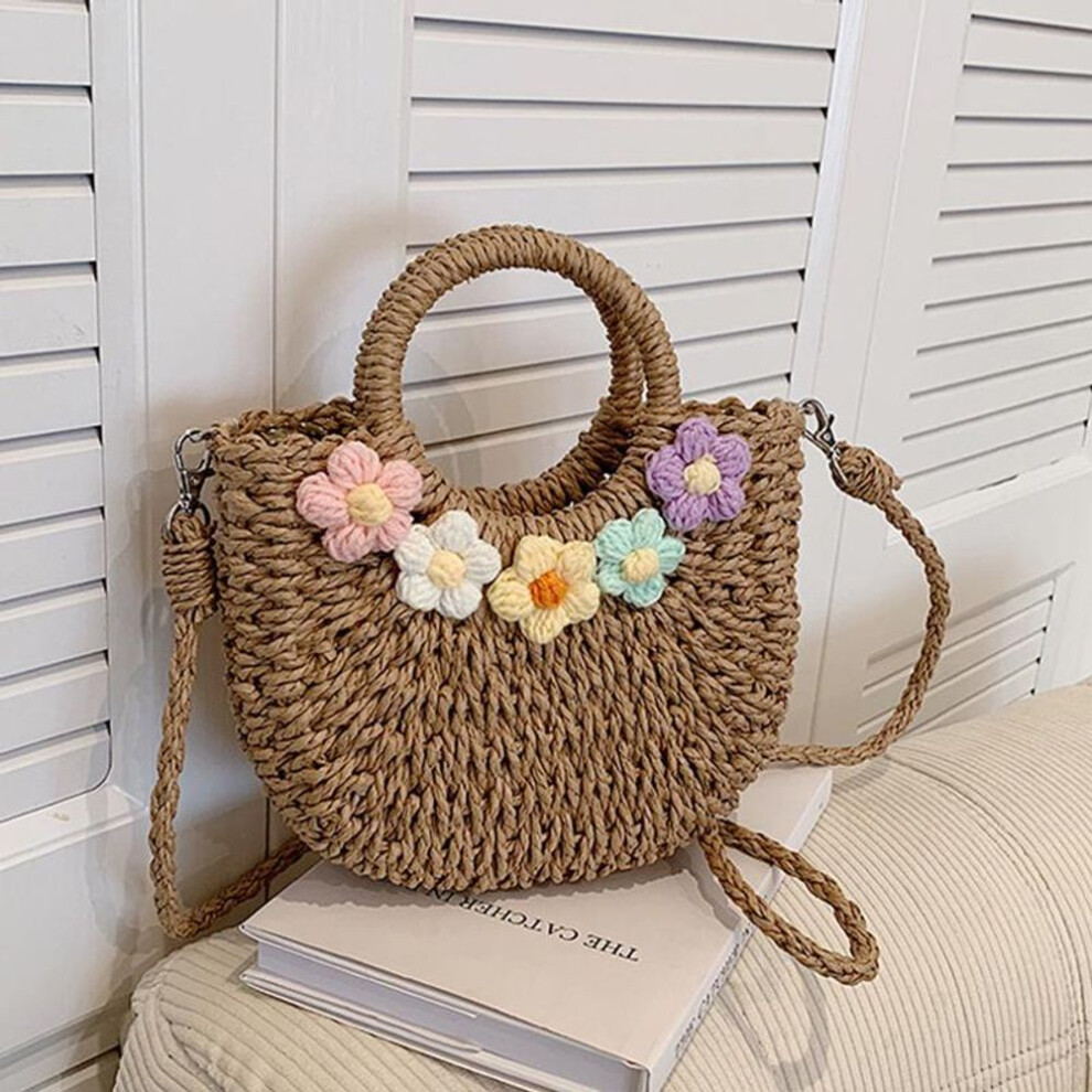 (khaki, 17*7*20cm) New Big Capacity Hand-Woven Straw Bags Women Handmade Moon Basket Bolsa Tote Summer Bohemian Travel Beach Bags Handbags