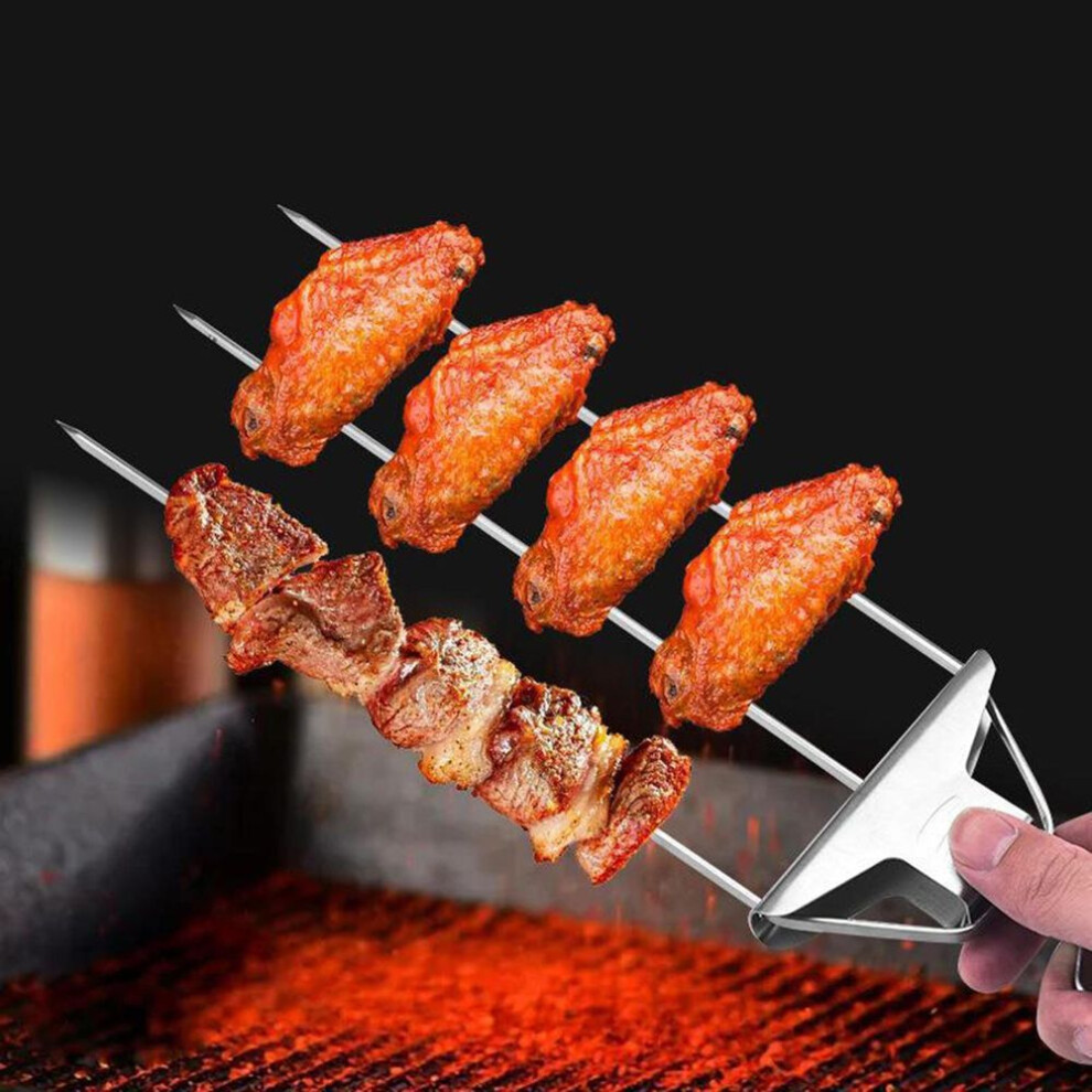 Barbecue Skewer 3 Prong with Push Bar 14inch BBQ Cookware Multifunctional Kabob Sticks Grill Tools