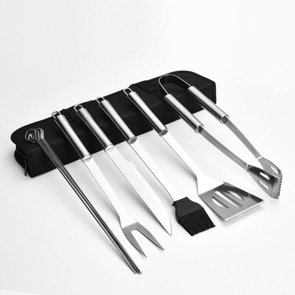 10pcs/set Stainless Steel Bbq Tools Set Spatula Fork Tongs Knife Brush Skewers Barbecue Grilling Utensil Camping Outdoor Cooking Tool Set