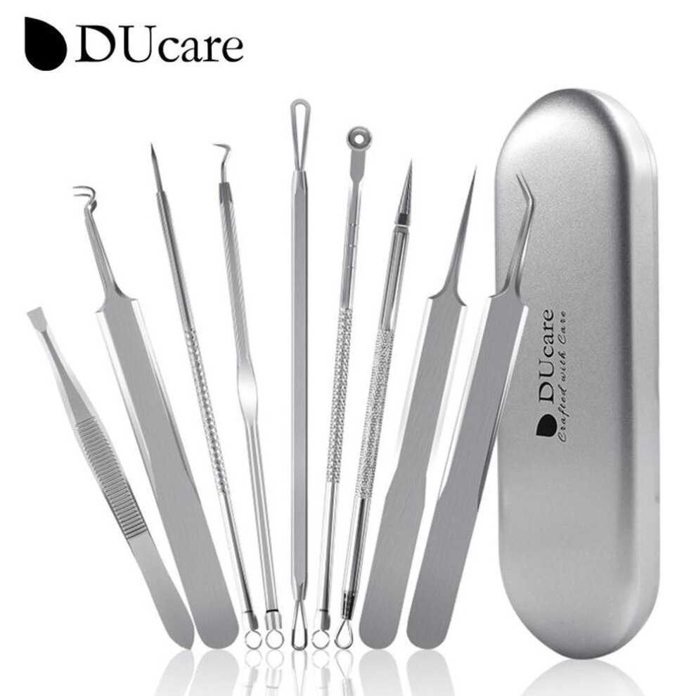 (silver, 9 Pcs) Ducare 9 Pcs Acne Blackhead Remover Comedone Extractor Acne Removal Kits With Metal Case For Forehead, Nose, Face Skin Care Tool