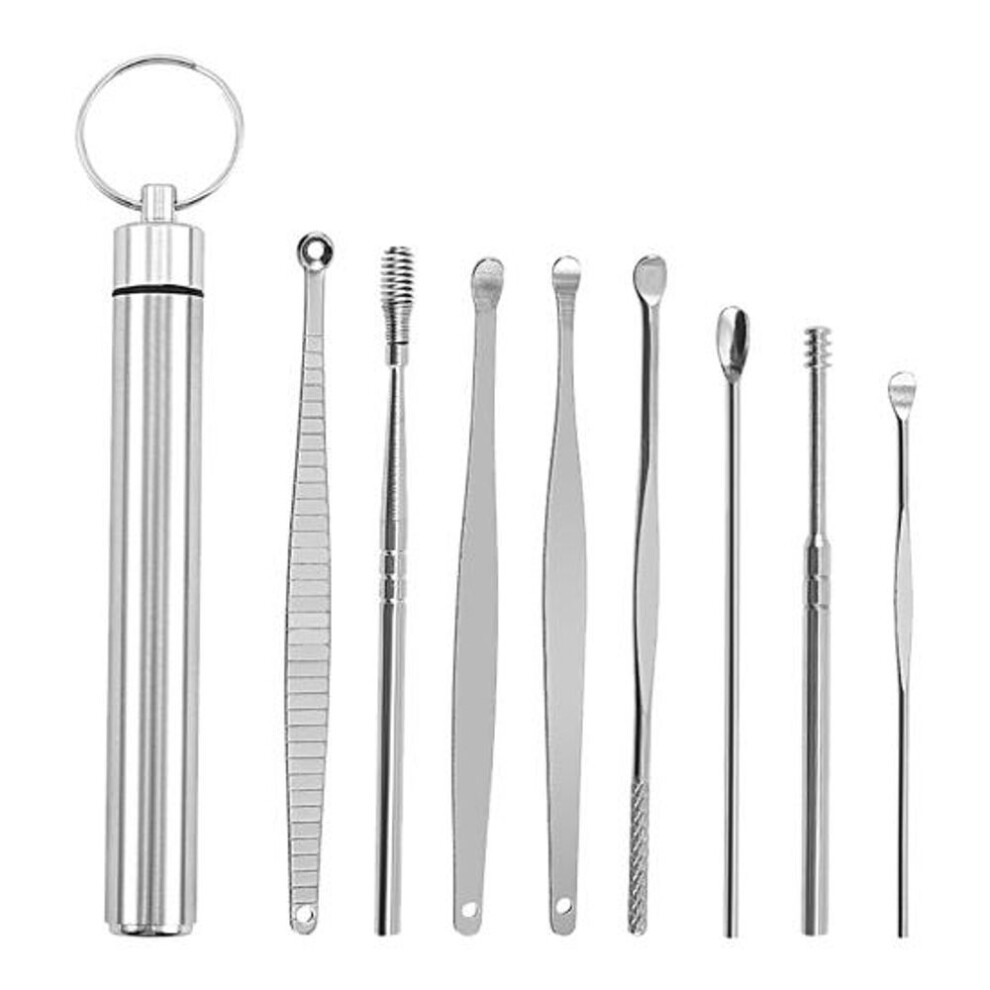 (silver) 8pcs/set Earpick Kit Reusable Anti-slip Stainless Steel Ergonomic Ear Spoon Set Ear Care Tool