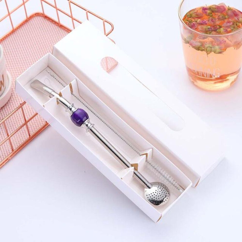 (purple) Stainless Steel Drinking Straw Spoon Tea Filter Straws Reusable Tea Tool Washable Bar Accessory
