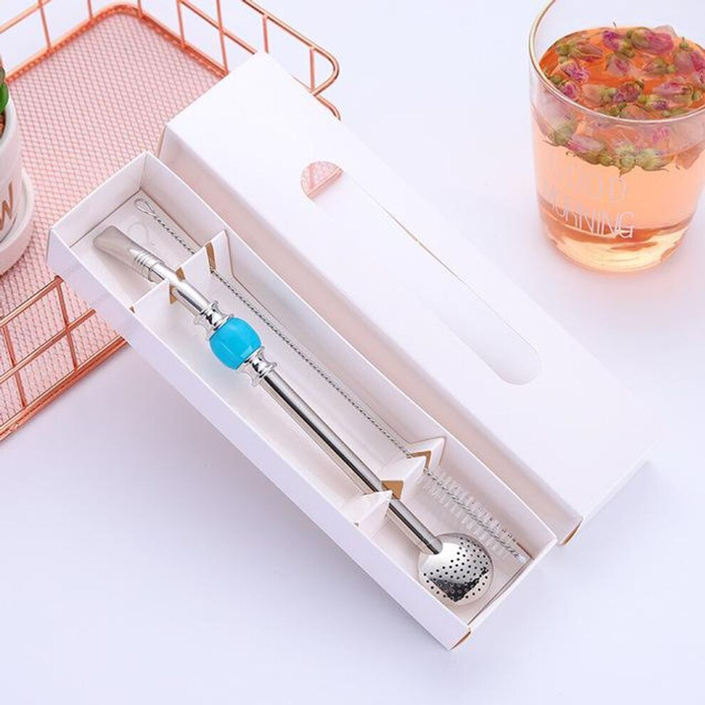 (blue) Stainless Steel Drinking Straw Spoon Tea Filter Straws Reusable Tea Tool Washable Bar Accessory