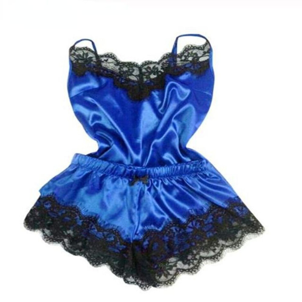(blue, M) Maita Women&apos;s Sleepwear Sexy Lace Satin Pajama Sets Nightwear Sleeveless Tops+shorts 2 Pcs Sets Pyjama Sets For Women Pijama