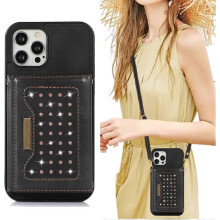 (As show, One size) iPhone 13 Crossbody Phone Purse Case PU Leather Diamond Bling Wallet Flip Folding Back Cover with Card Holder Long Strap iPhone 13 Silicone Inner Shel