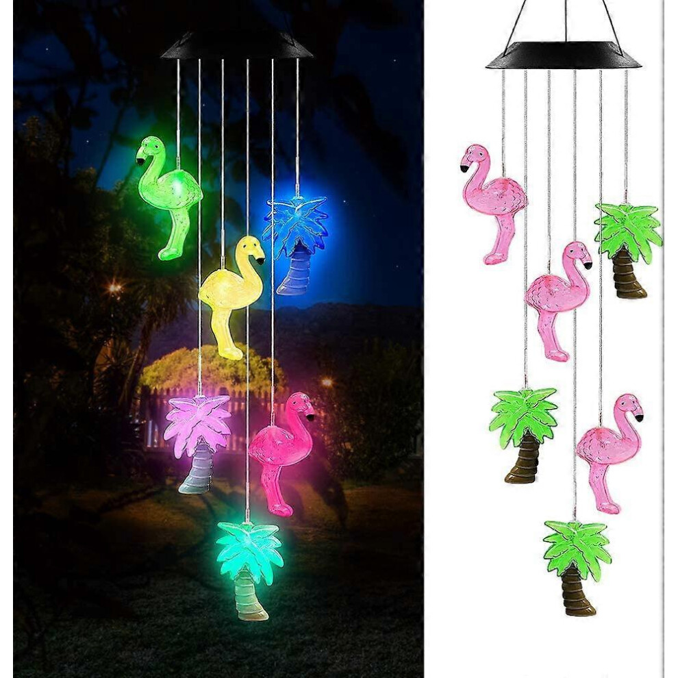Konhill (As Show, One Size) Color Changing Solar Powered Plastic Flamingo Tree Wind Chime Wind Moblie Led Spiral Spinner Windchime Portable Outdoor Chi Light