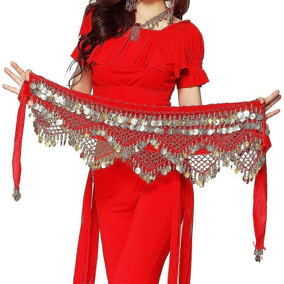 Konhill (As Show, One Size) Women's Sweet Bellydance Hip Scarf With Coins Skirts Wrap Noisy One Size Gold/Red