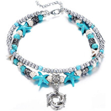 (As show, One size) Blue Starfish Turtle Anklet Multilayer Charm Beads Sea Handmade Boho Anklet Foot Jewelry for Women Girl C:Dolphin -