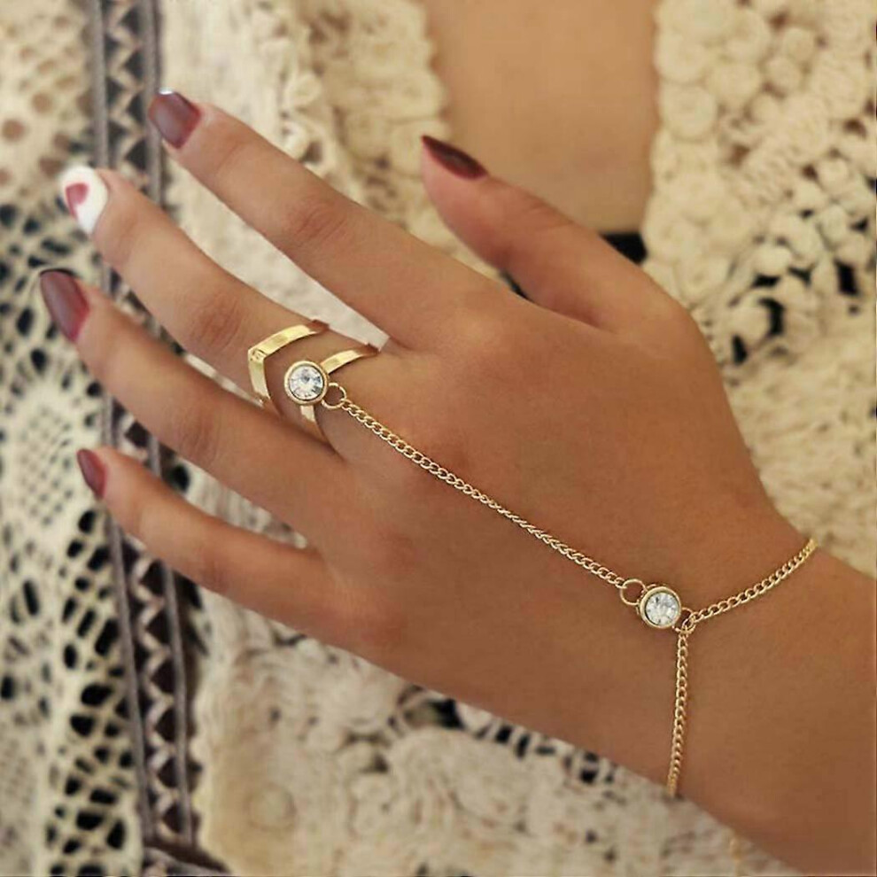 Konhill (As Show, One Size) Acedre Boho Crystal Bracelets Hand Harness Bangle Finger Rings Hand Accessories For Women And Girls Gold