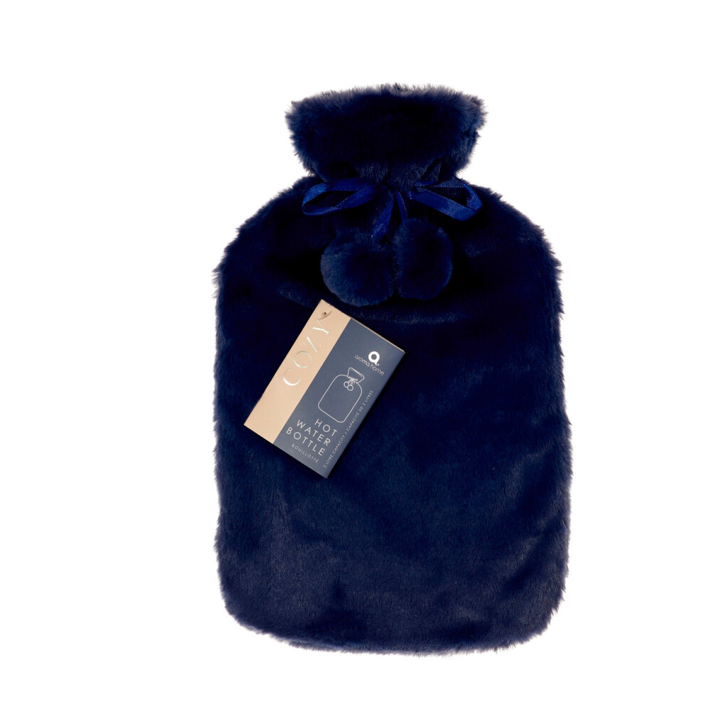 Aroma Home Navy Faux Fur Pompom 2L Hot Water Bottle