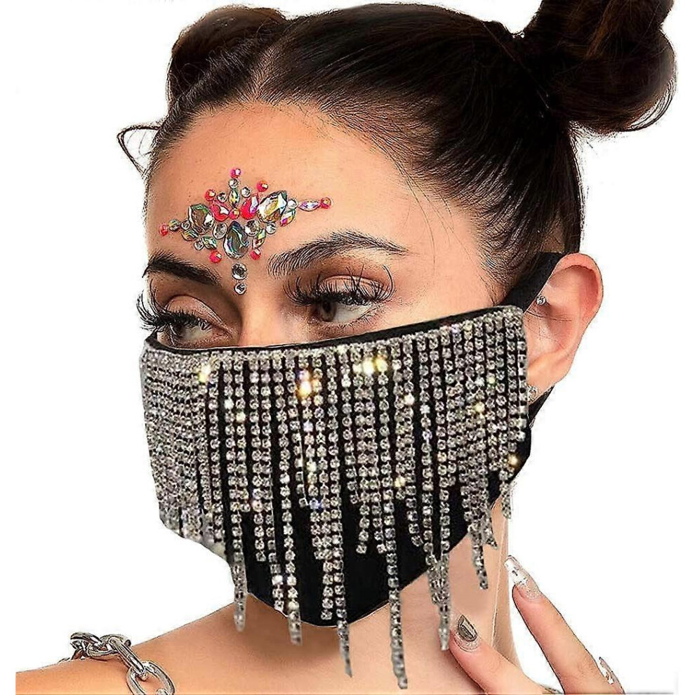 Konhill (As Show, One Size) Crystal Face Masks Tassels Rhinestone Mask Masquerade Masks For Women And Girls A Black