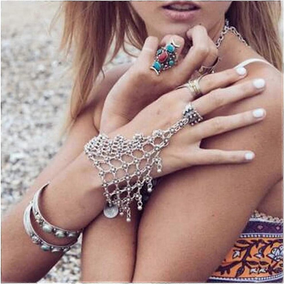 Konhill (As Show, One Size) Finger Ring Bracelet Dainty Hand Chain Bracelet Jewelry Gift For Women And Girls Silver