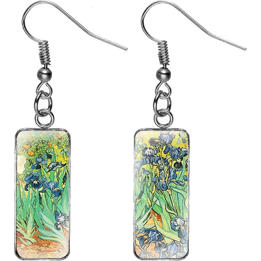 Konhill (As Show, One Size) Rectangle Van Gogh Painting Starry Sky Sunflower Drop Dangle Earrings Abstract Art Trendy Glass Earrings For Women Girls Charm Jew