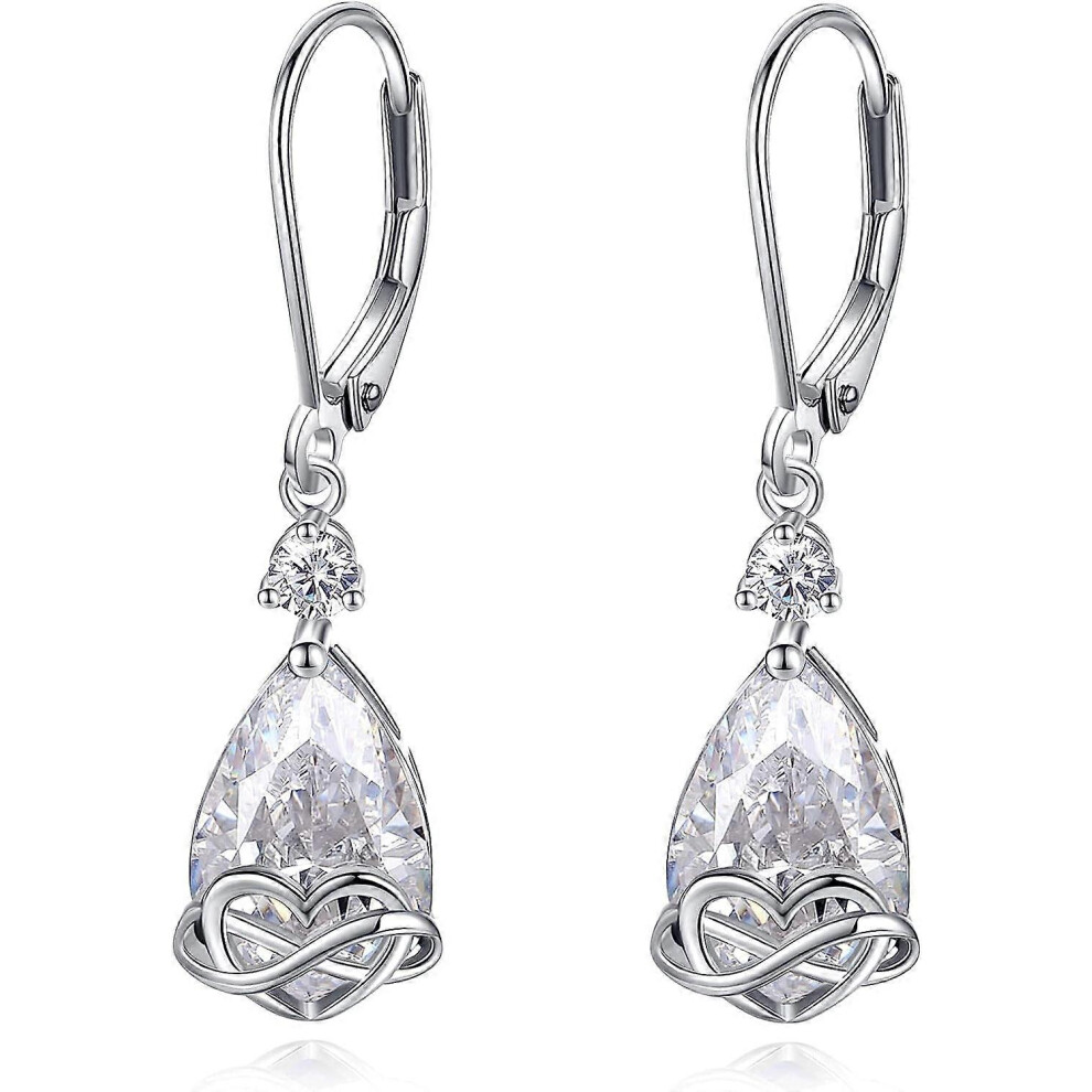 Konhill (As Show, One Size) Birthstone Teardrop Crystal Dangle Earrings For Women 925 Sterling Hypoallergenic Leverback Drop Earring Valentine's Da Silver
