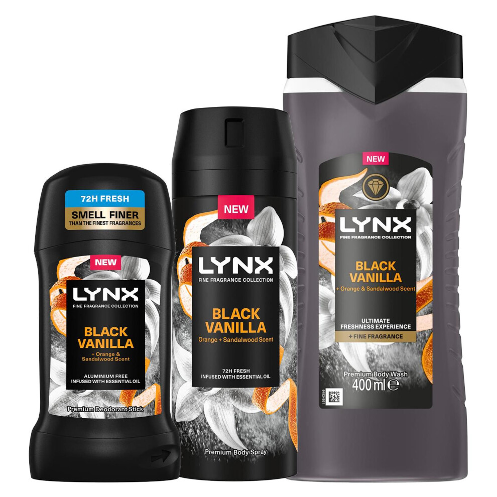 Lynx Fine Fragrance Black Vanilla Bundle Premium Body Wash,Spray & Stick for Men