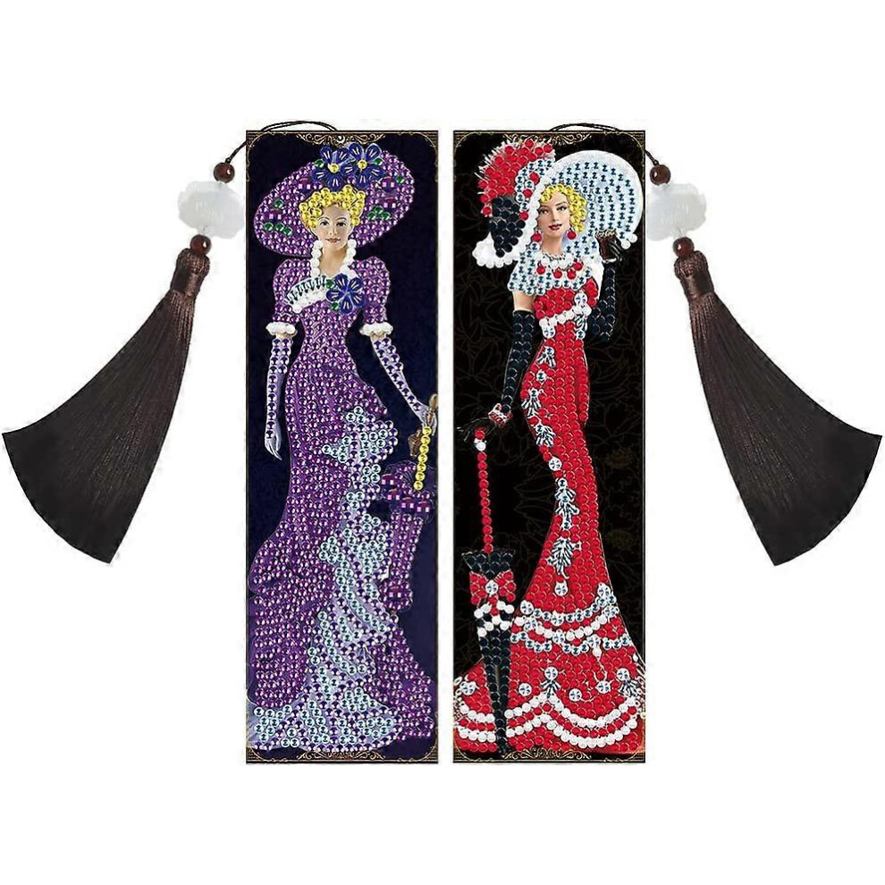 Konhill (As Show, One Size) Alloyseed 2Pcs 5D Diamond Painting Bookmarks Long Dress Lady Leather Tassel Bookmark 5D Partial Drill Arts Crafts Rhinestones Set