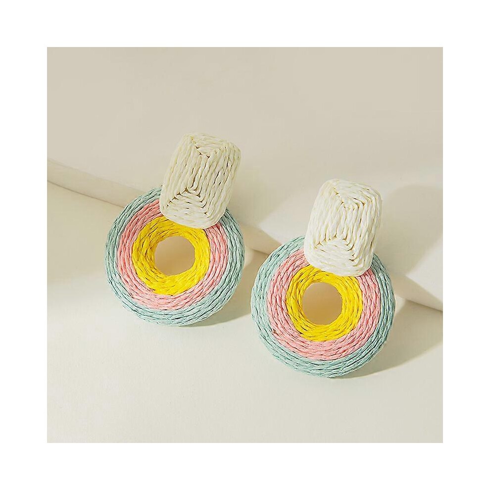 Konhill (As Show, One Size) Statement Raffia Round Earrings - Boho Drop Handmade Straw Earrings -Geometric Dangle Earrings For Womengirls