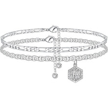 (As show, One size) Initial Ankle Bracelets for Women, 14K Gold Plated Double Layered Initial Anklets Jewelry for Women Teen - -