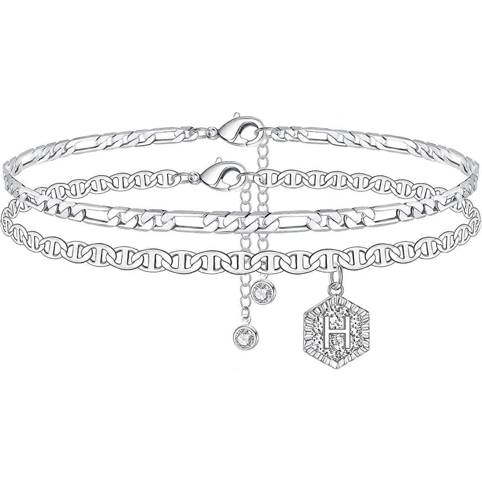 Konhill (As Show, One Size) Initial Ankle Bracelets For Women, 14K Plated Double Layered Initial Anklets Jewelry For Women Teen Gold