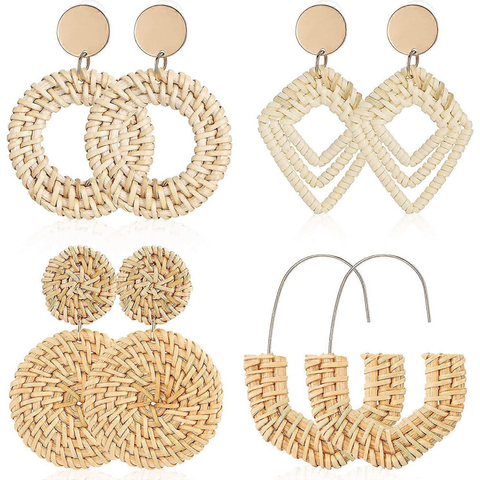 Konhill (As Show, One Size) 4 Pairs Rattan Earrings Lightweight Geometric Statement Tassel Woven Bohemian Earrings Handmade Straw Wicker Braid Hoop Drop Dangl