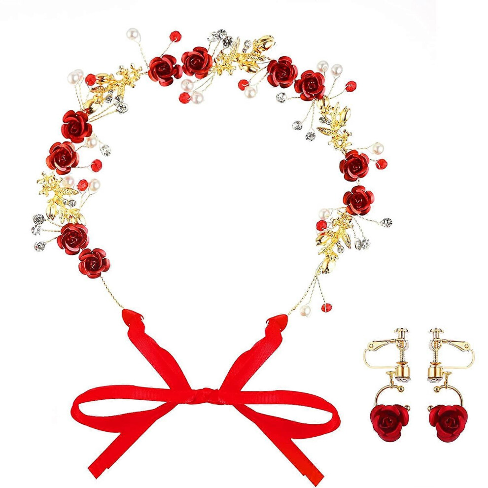 (As show, One size) Flower Headpiece Crowns Headband Earrings Jewelry Set Bride Wedding Red Tiaras White Crystal Rhinestone Pearl Headwear Long Vines Rose Girl Women Chri
