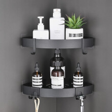 2 Pack Bathroom Corner Shelf Black Adhesive Shower Organiser Aluminum Wall Mounted Shower Shelves No Drilling With Hooks
