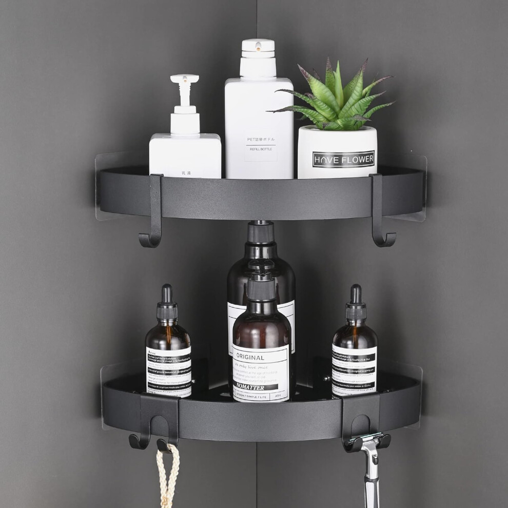 Yao96266 2 Pack Bathroom Corner Shelf Black Adhesive Shower Organiser Aluminum Wall Mounted Shower Shelves No Drilling With Hooks