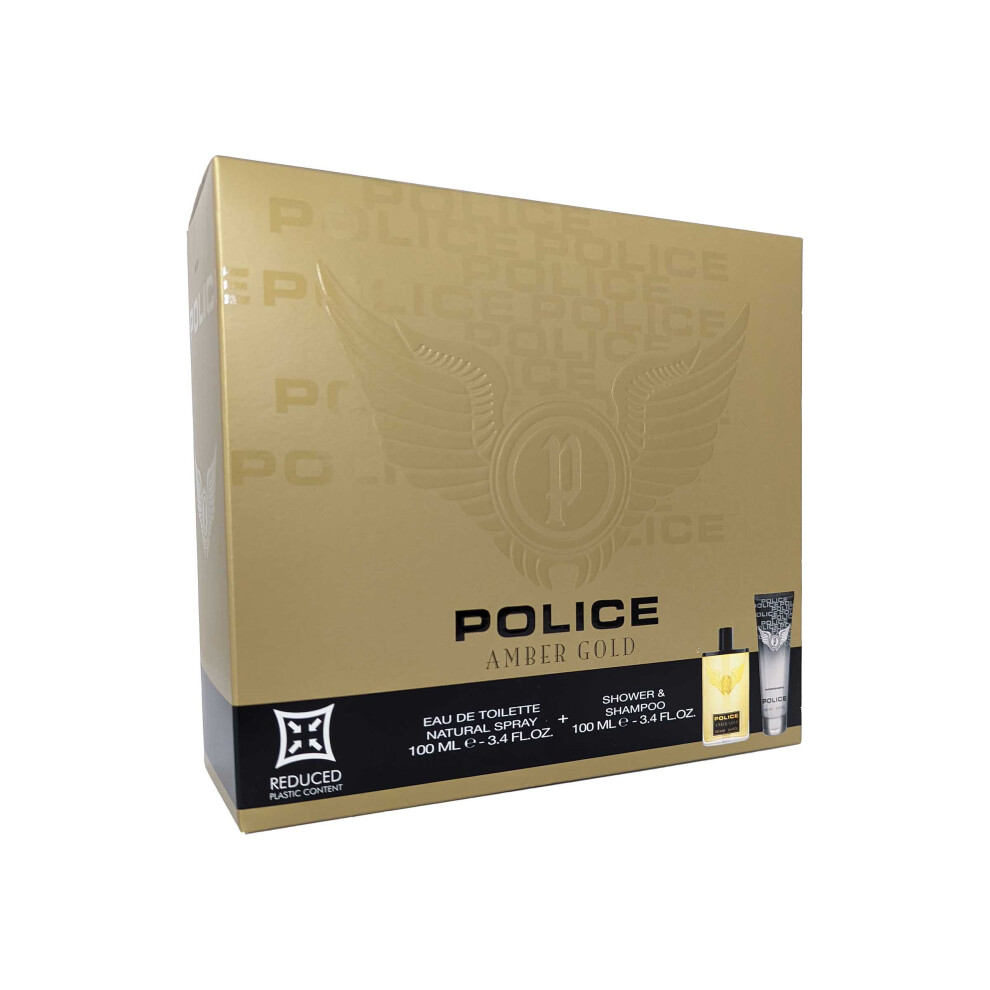 Amber Gold Police Man Eau de Toilette Spray 100ml Shower and Shampoo 100ml
