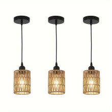 (3Pack) Boho Chic Rattan Pendant Light with Handwoven Wicker Shade - Farmhouse Style Ceiling Chandelier