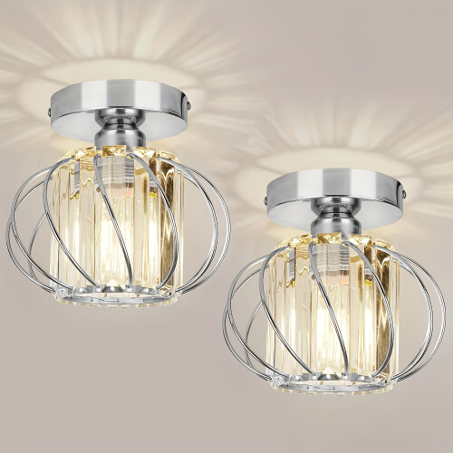 (Chrome) 2-Pack Industrial Semi-Flush Mount Ceiling Lights, Crystal Accented Metal Cage
