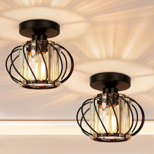 (Black) 2-Pack Industrial Semi-Flush Mount Ceiling Lights, Crystal Accented Metal Cage