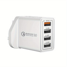 (White) UK Plug USB Charger, 4-Port USB Fast Charger Plug Quick Charge 3.0 Wall Charger, Multi USB Power Adapter Fast Charging