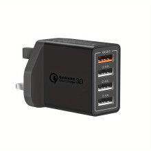 (Black) UK Plug USB Charger, 4-Port USB Fast Charger Plug Quick Charge 3.0 Wall Charger, Multi USB Power Adapter Fast Charging