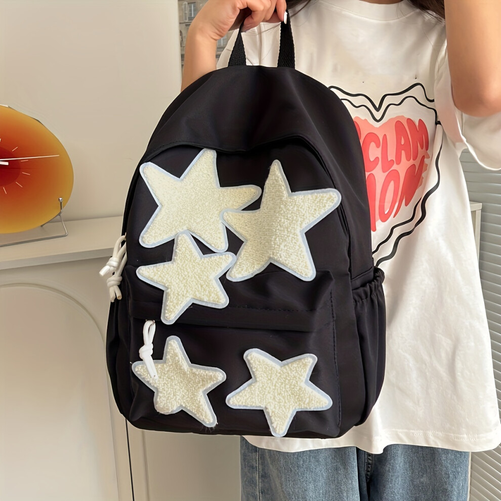 Flemye (Black) Kawaii Star Decor Backpack, Cute Preppy School Bag, Women's Everyday Laptop Bag & Rucksack