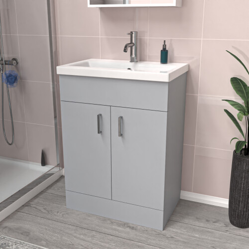 NES Home Nes Home Matte Grey 600mm Floor Standing Vanity Unit & White Basin Flat Pack