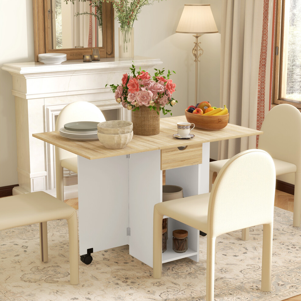 HOMCOM Foldable Dining Table, Drop Leaf Table with Storage for Kitchen, Oak