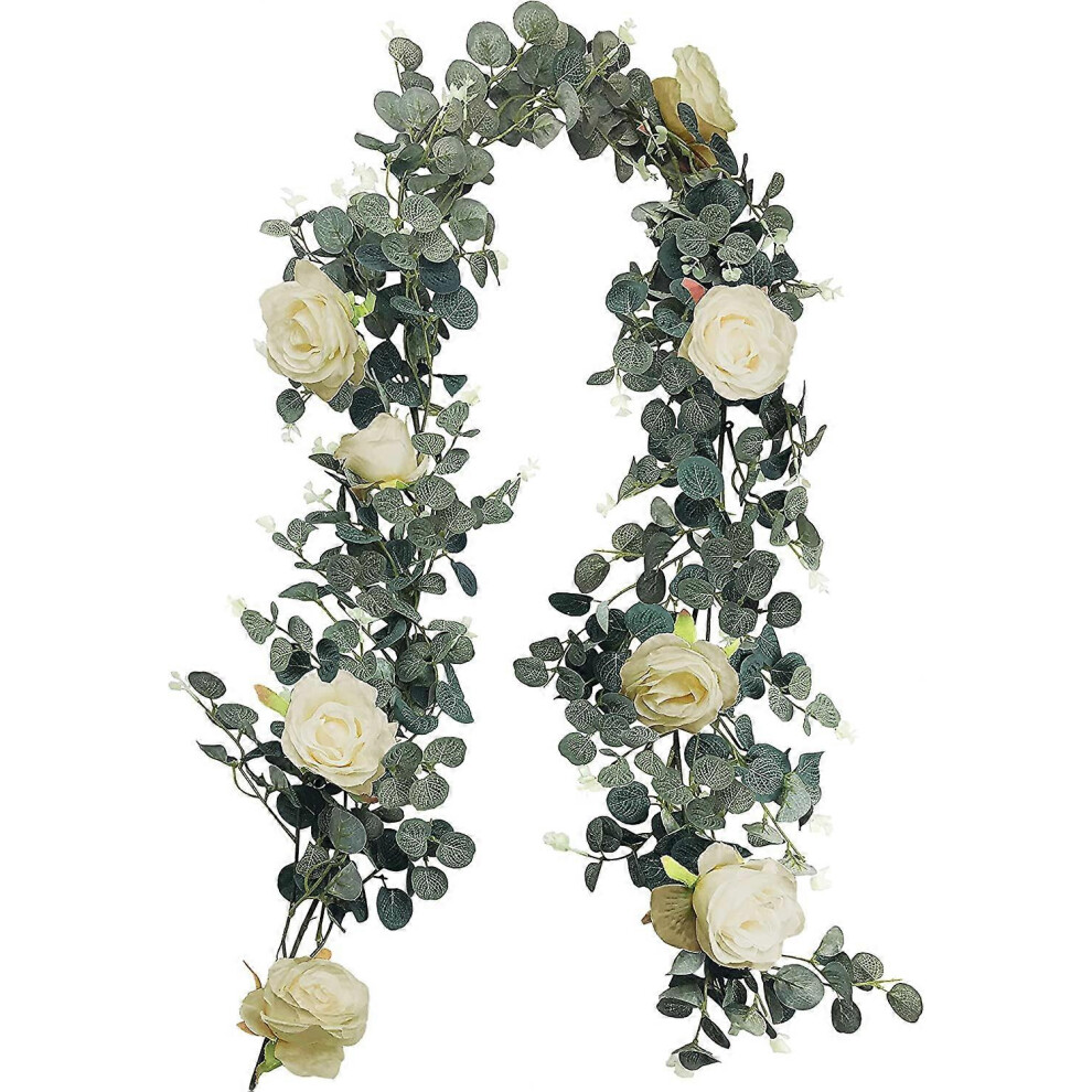 Konhill (As Show, One Size) Artificial Eucalyptus Garland With Champagne Roses Ivy Greenery Leaf Garland Plants Vine Foliage Flowers Hanging For Wedding Party