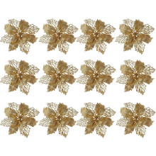 (As show, One size) 12 pcs Christmas Flower Poinsettias Glitter Poinsettia Artificial Christmas Poinsettia Christmas Tree Ornaments Christmas Decorations Flower (Gold)