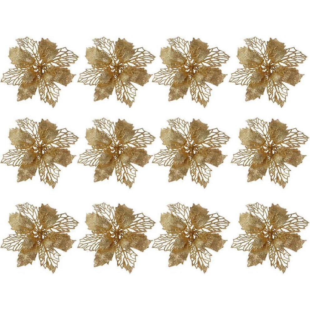 Konhill (As Show, One Size) 12 Pcs Christmas Flower Poinsettias Glitter Poinsettia Artificial Christmas Poinsettia Christmas Tree Ornaments Christmas Decorati Gold