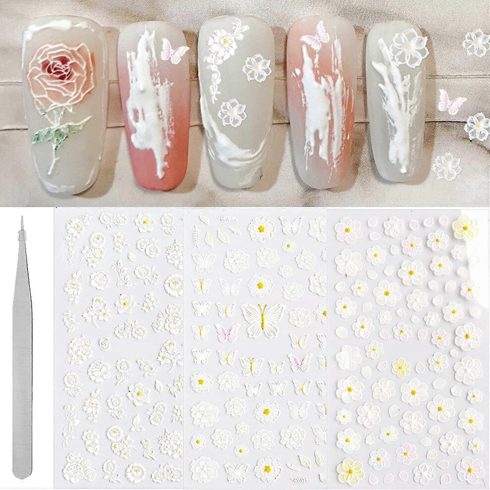 Konhill White (As Show, One Size) Butterfly Flower Nail Art Sticker,5D Exquisite Embossed Feather Chrysanthemum Hollow Nail Art Decoration Nail Art Supplies S