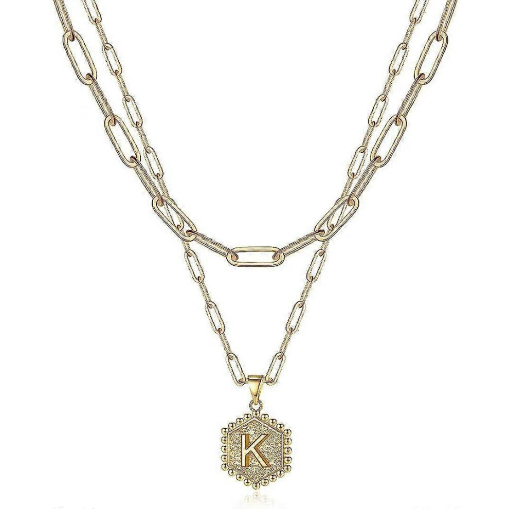 Konhill (As Show, One Size) Dainty Layered Initial Necklaces For Women, 14K Plated Paperclip Chain Necklace Simple Cute Hexagon Letter Pendant Initial Ch Gold